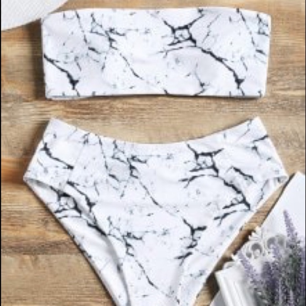 Zaful Marble Print High Waisted Bandeau Set NWT